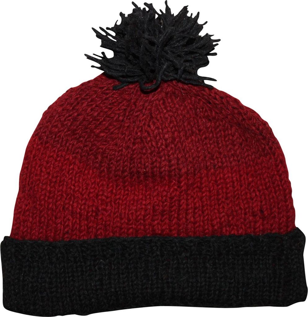 Wollmütze mit Bommel - rot - schwarz - warme Strickmütze - Produktbild 