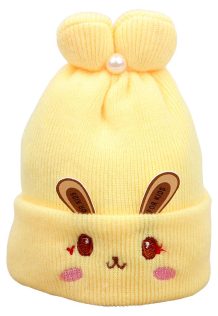 Strickmütze für Babys (0-6 Monate) mit Hasenohren, gesticktem Gesicht, Falten am oberen Rand, Imitationsperlen, dehnbarem Ohrenschutz und dickere...