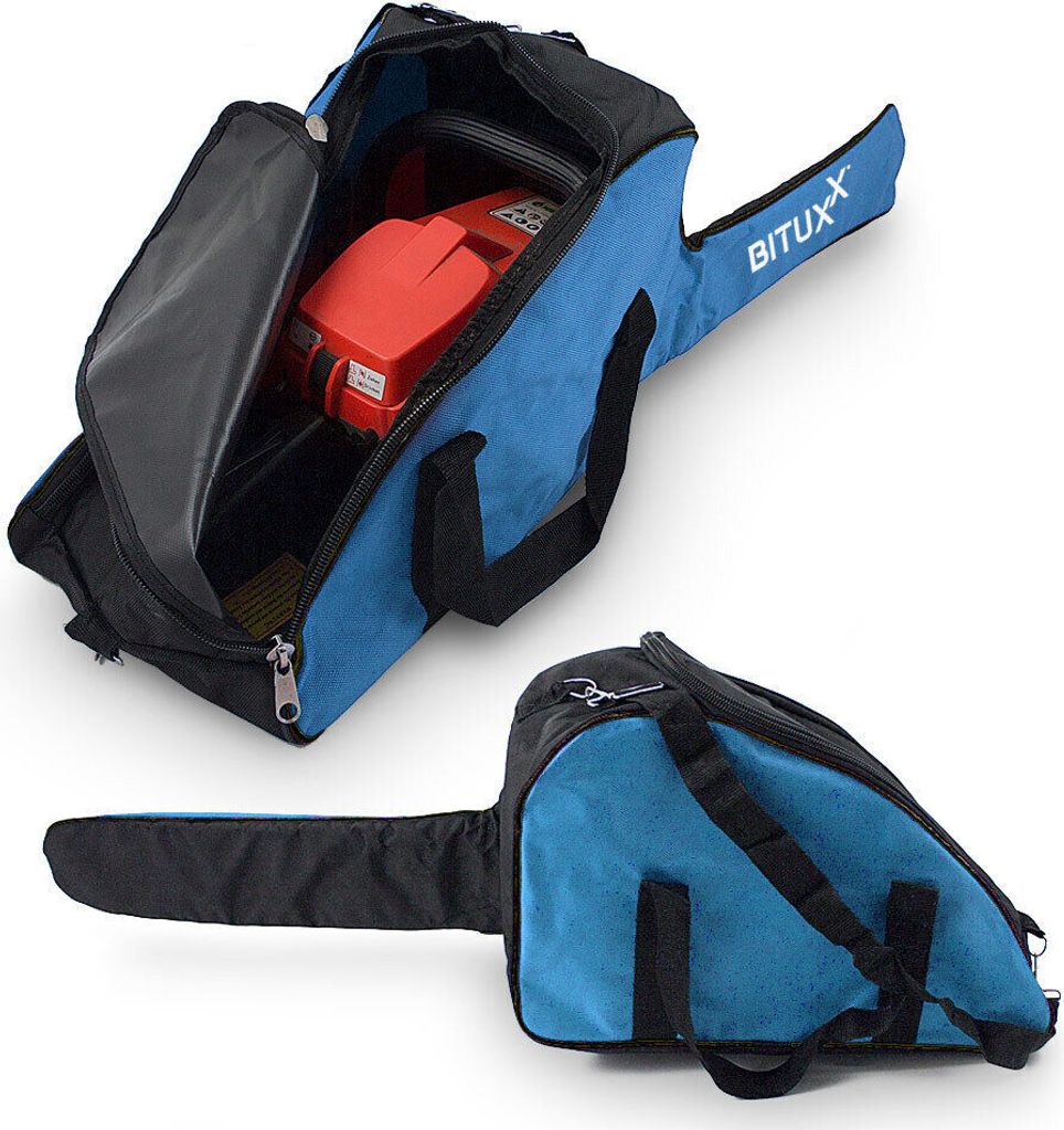 A product shot showing a chainsaw bag with a chainsaw inside, and a separate view of the bag with the chainsaw bar extended.