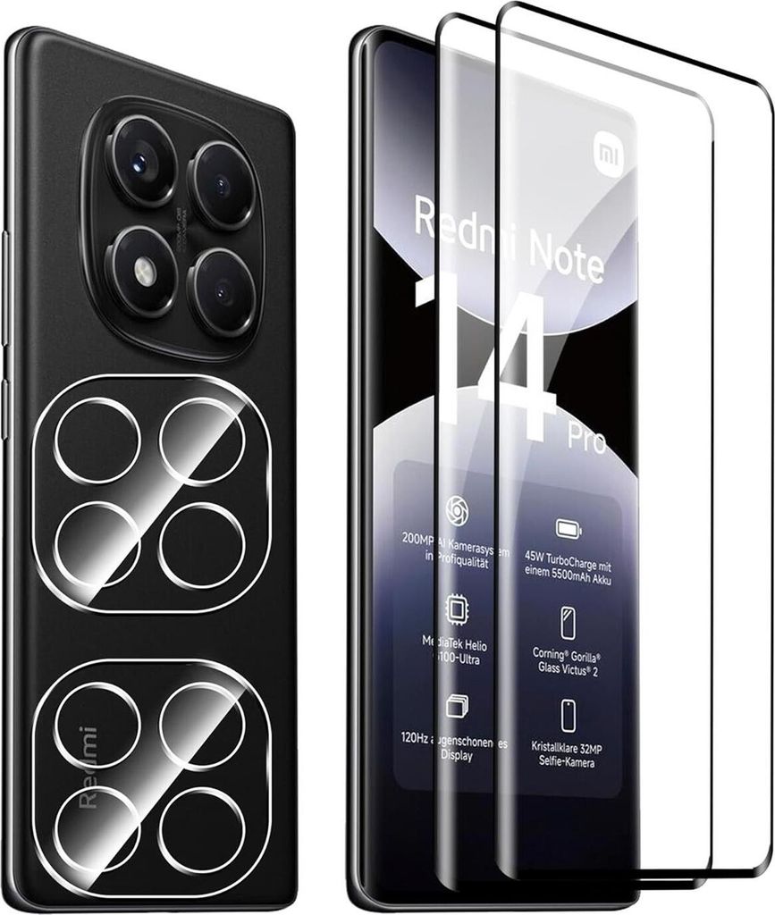 4in1 Conie Schutzfolien Set für Xiaomi Redmi Note 14 Pro Plus 5G Glasfolie Displayschutz Kamera Schutz Folie Panzer Glas Schutzfolie