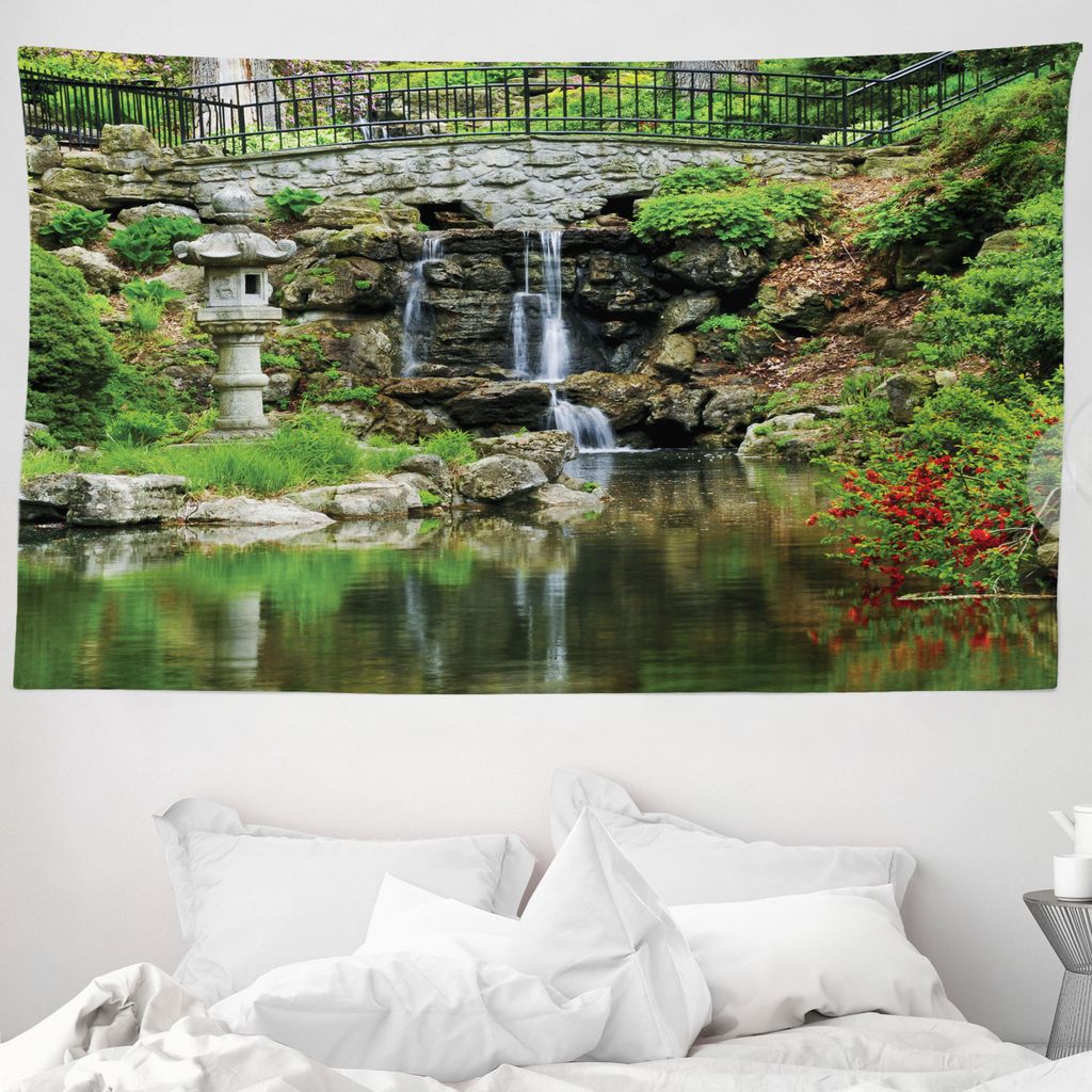 ABAKUHAUS Natur Wandteppich, Wasserfall Garten aus Weiches Mikrofaser Stoff Waschbar ohne Verblassen Digitaldruck, 230 x 140 cm, Grün Weiß