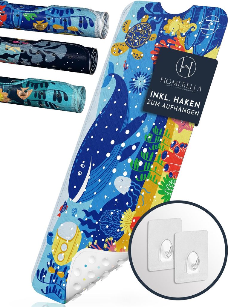 Homerella Badewannenmatte rutschfest Kinder 100x40cm - 100% BPA frei mit 2 Aufhängehaken - Antirutschmatte Badewanne Baby hautsensitiv, waschbar