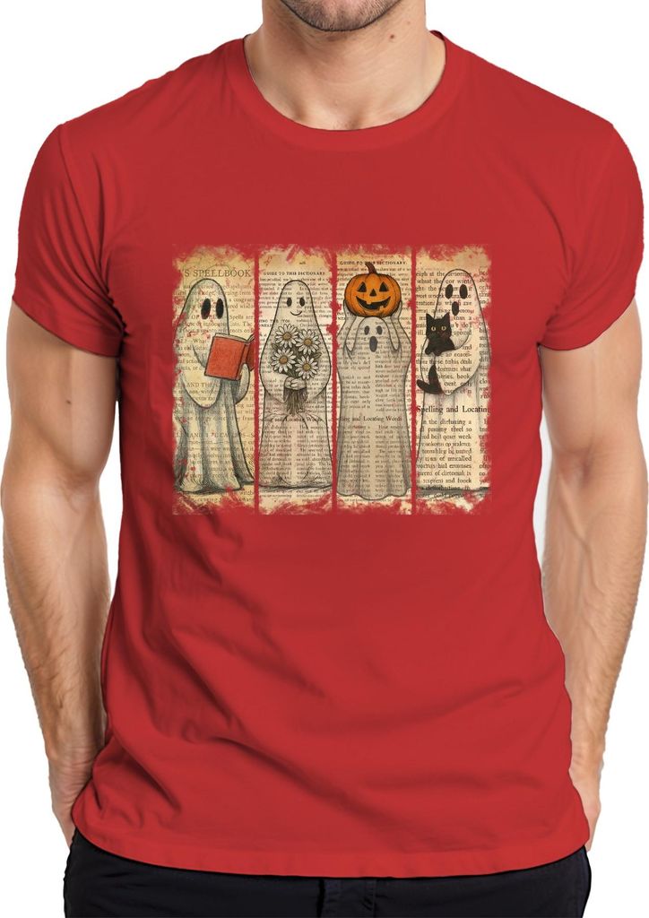 Halloween Geister Vintage Zeitung niedliche Kürbis Katze Blumen Herren T-Shirt, Rot, L