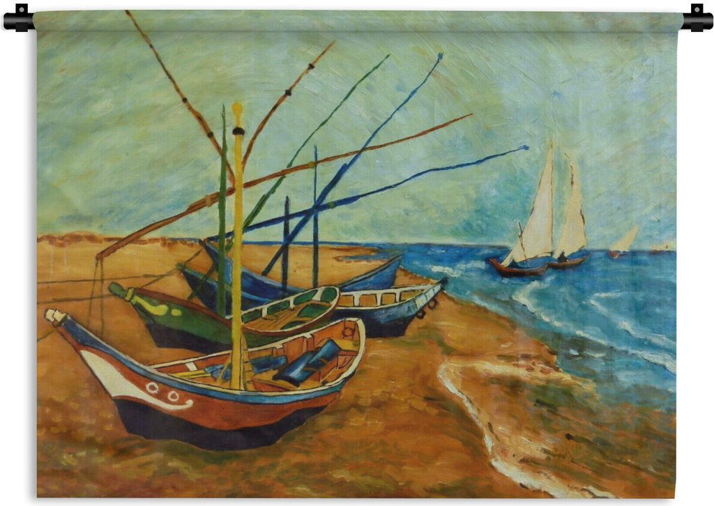 MuchoWow Wandteppich Wandbehang Fischerboote am Strand - Vincent van Gogh 150x112.50 cm Tapisserie Dekoration Wandtuch - Wanddecke - Wandteppiche