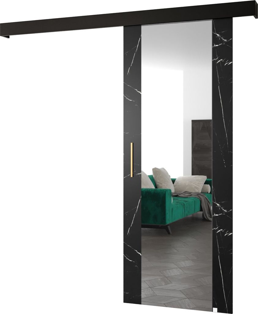 MEBLE KRYSPOL Schiebetürsystem SALWADOR 2 mit Schienenabdeckung und Spiegel, Einbautüren, 90x204cm, Schwarzer Marmor