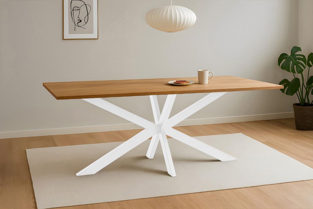 Esstisch Salvador | 200 x 100 cm | Eiche massiv + geölt | Baumkante | Spider-Gestell Metall Weiß | pflegeleichter Esszimmertisch/Küchentisch/Eic...
