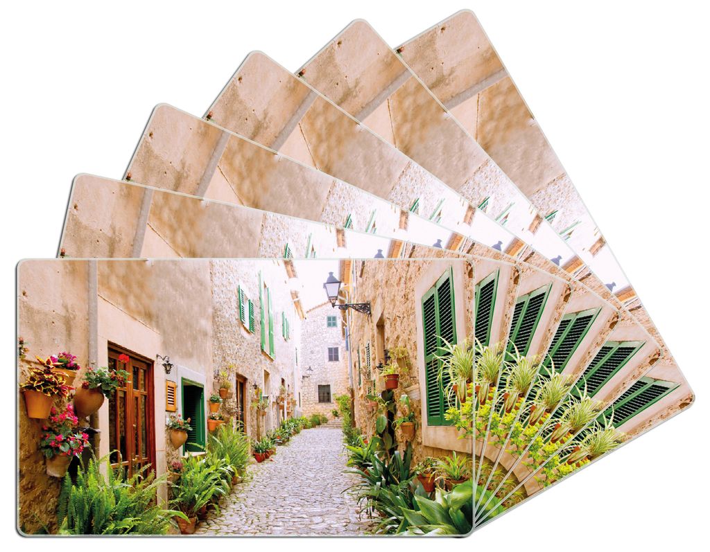 Wallario Frühstücksbrettchen 6er Set aus Glas, je 14 x 23 cm, mit rutschfesten Füßen, Motiv Südländische Gasse mit alten Häusern und grüner...