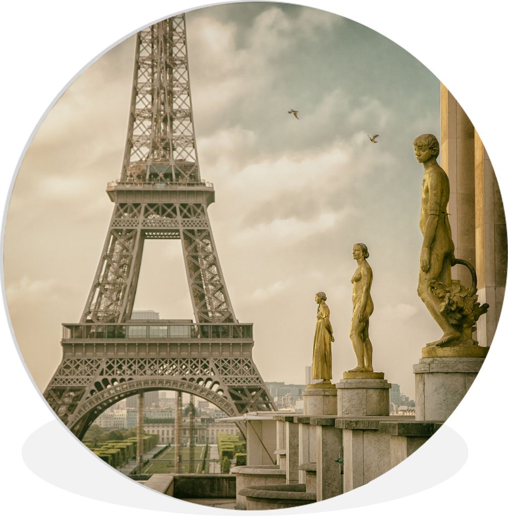 MuchoWow Rundes Wandbild - Runde Bilder Der Eiffelturm und die schönen Statuen des Palais de Chaillot Ø 90 cm Kreis Wanddekoration Kunststoff -...