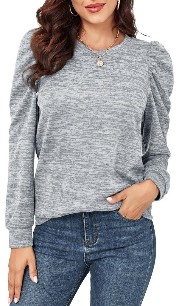 Damen-Sweatshirt mit Rundhalsausschnitt, modisch, lässig, lockerer Saum, lange Puffärmel, Pullover, Tops, Bluse für die Arbeit, Grau, XL