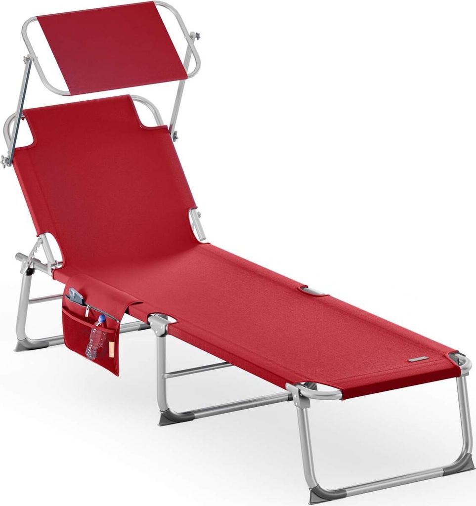 CASARIA Sonnenliege Klappbar Wetterfest Gartenliege Mit Dach 150kg Belastbar Seitentasche Tragegriff Alu Liegestuhl Leicht Klappliege Camping Rot