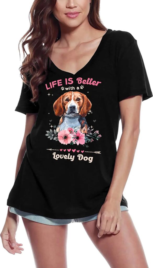 Damen Grafik T-Shirt V-Ausschnitt Das Beagle-Leben ist besser mit einem lieben Hund – Beagle Life Is Better With A Lovely Dog – Öko-Verantwort...