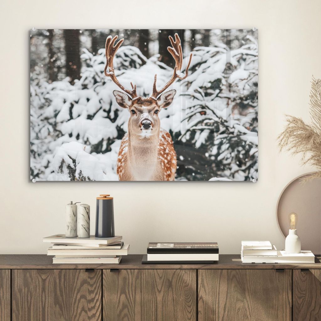 MuchoWow Glasbilder - Bilder auf Wandbild - Foto auf Glas Hirsche - Schnee - Winter - Wald - Tiere 60x40 cm Wanddekoration aus Glas - Acrylglasbild...
