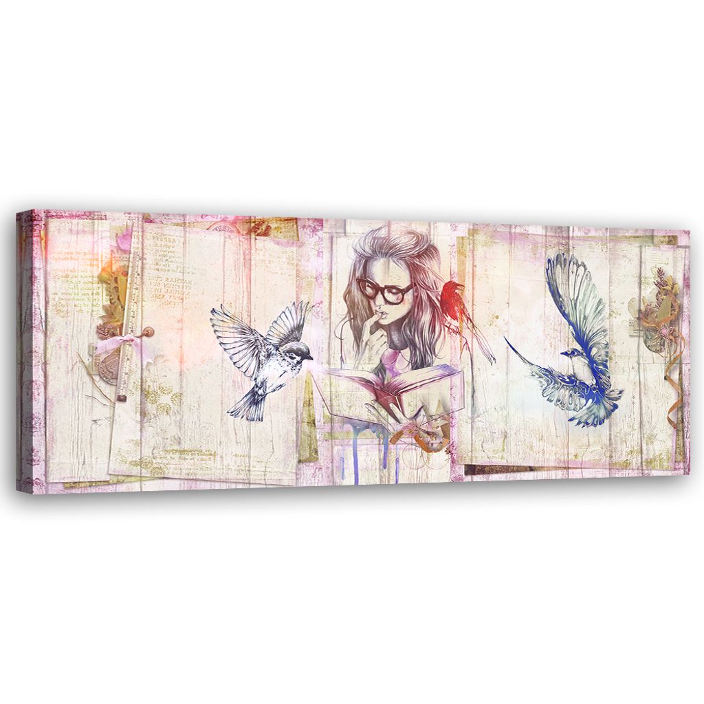 Leinwandbild Mädchen mit Buch 90x30 Feeby Beige bild für die wand bereit zum aufhängen
