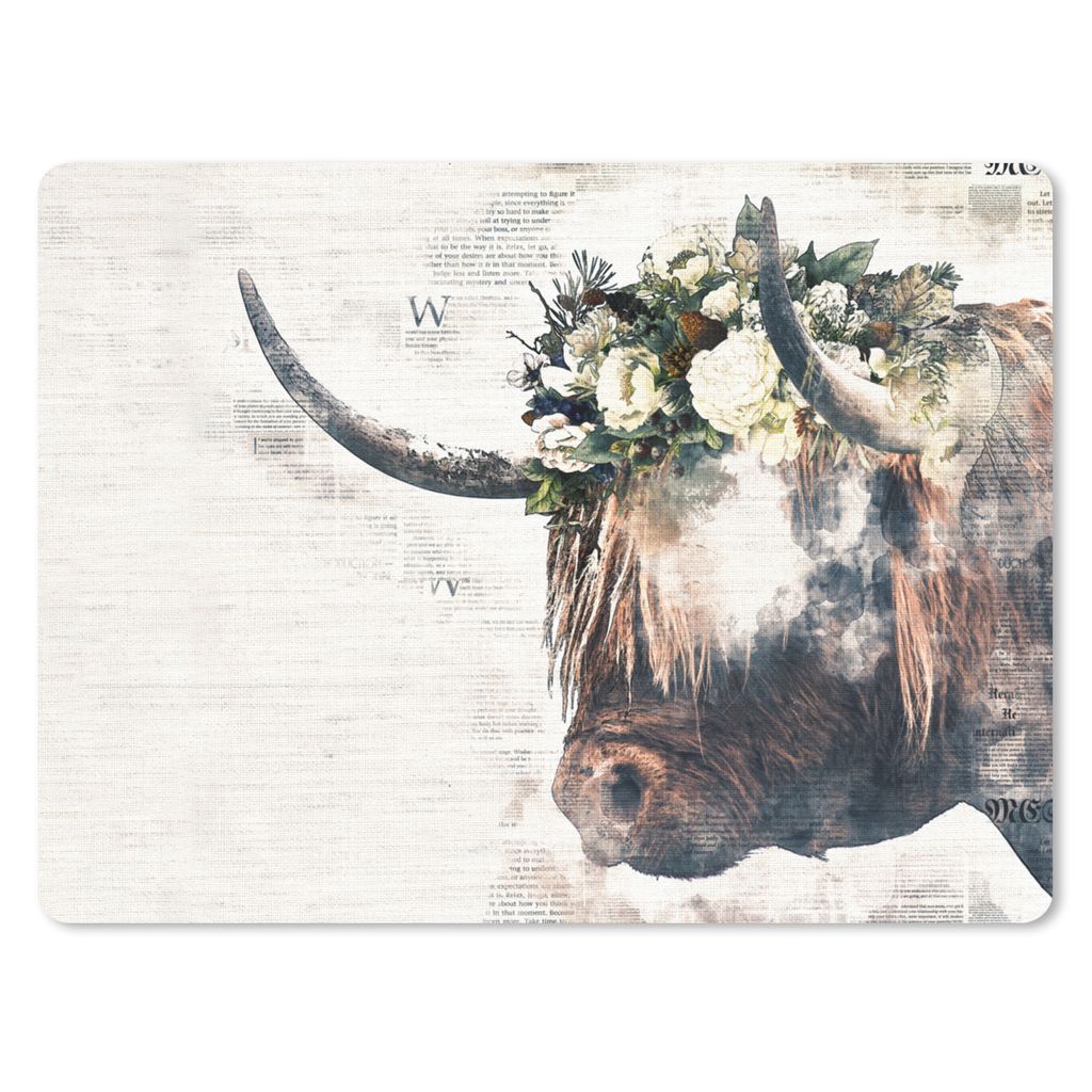 MuchoWow Mauspad Mousepad Schottischer Highlander - Rauch - Blumen 40x30 cm - Mousepads - Maus Mat - Pad - Mausunterlage - Anti Rutsch
