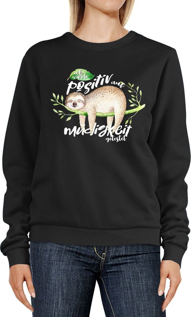 Sweatshirt Damen Faultier Ich wurde positiv auf Müdigkeit getestet Rundhals-Pullover Pulli Sweater Moonworks schwarz L
