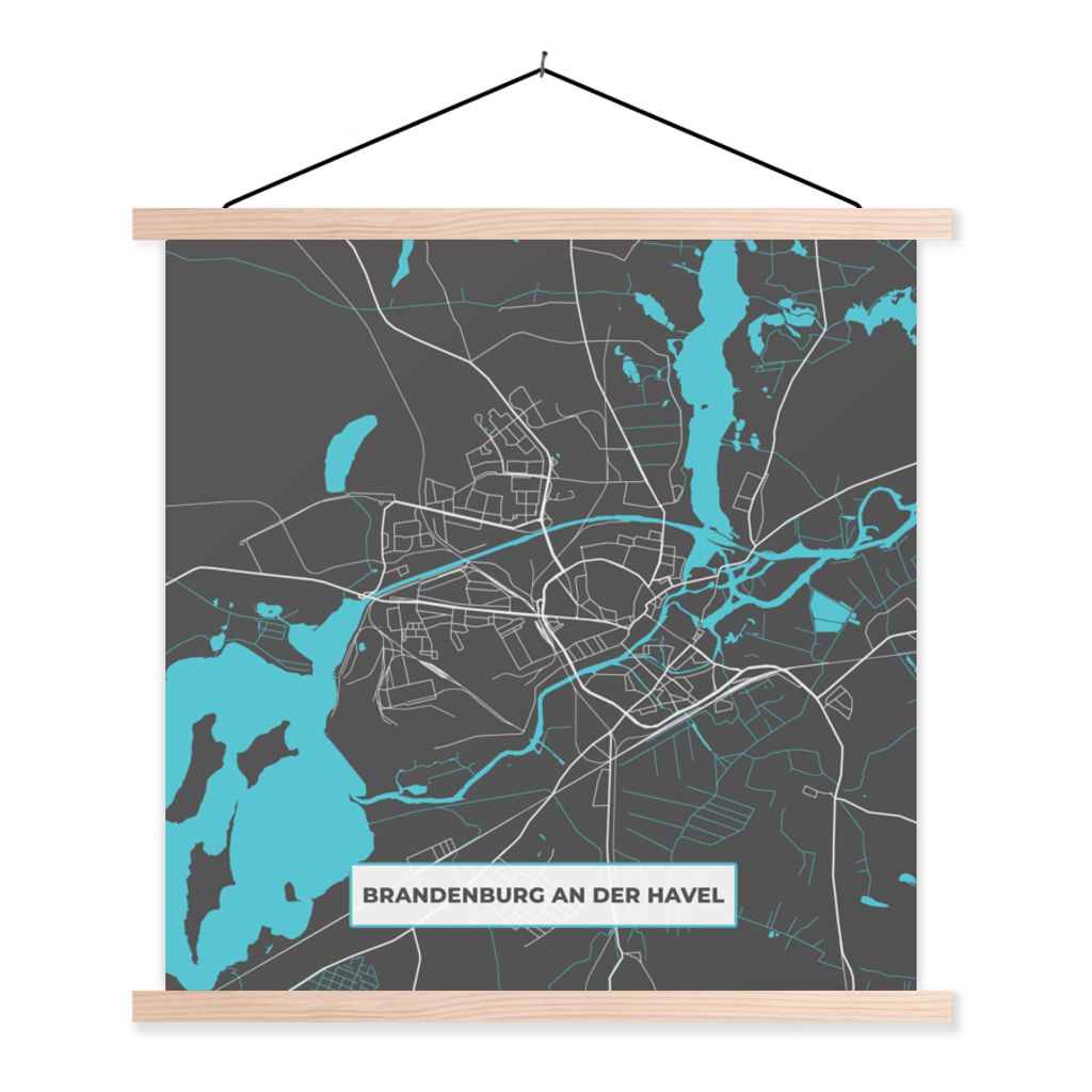 MuchoWow Textilposter Deutschland - Blau - Brandenburg an der Havel - Stadtplan - Karte 40x40 cm mit holzfarbenen Rahmen - Posterleiste