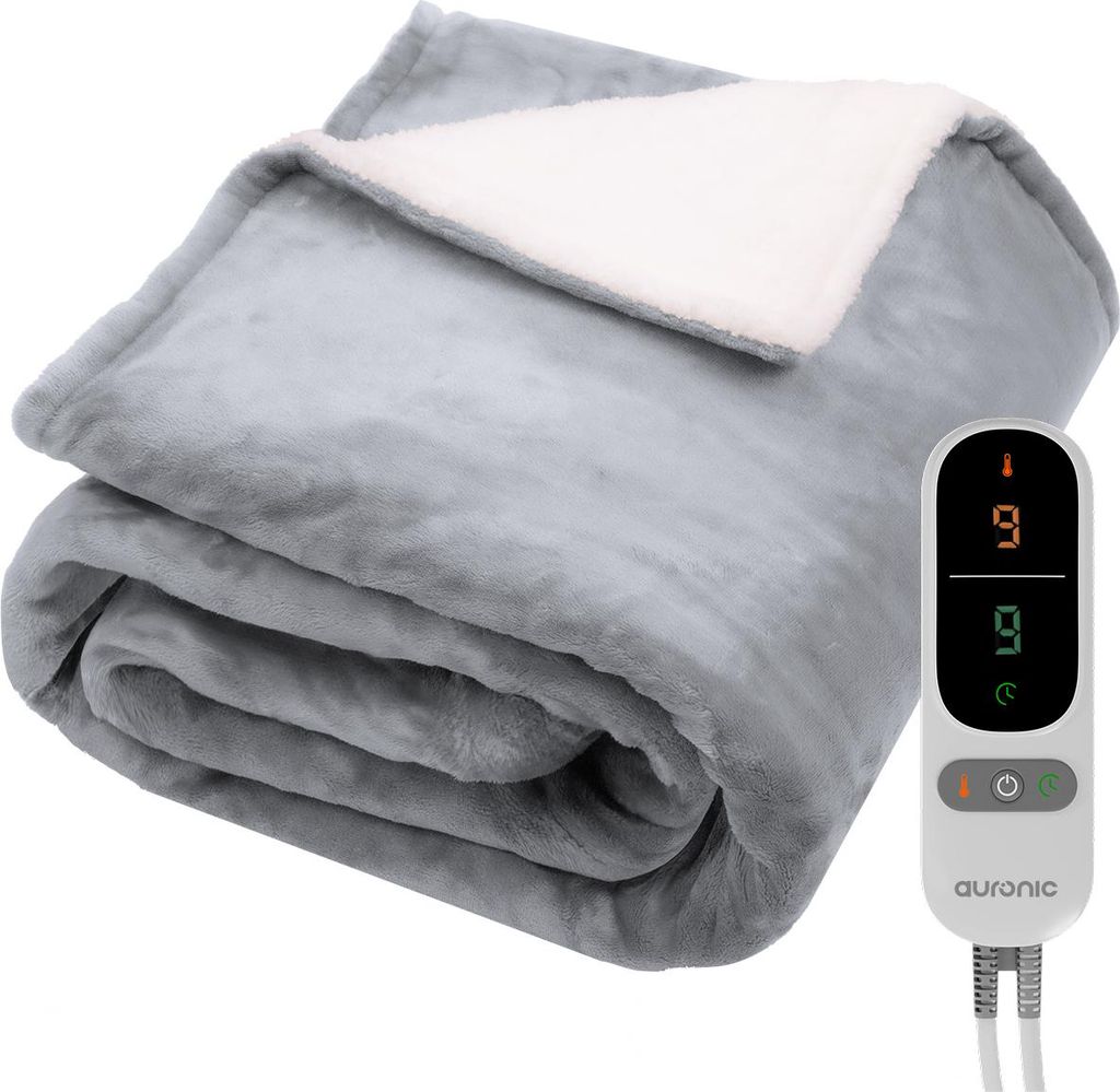 Auronic Elektrische Heizdecke - 200 x 180 cm - 2 Personen Wärmedecke - 9 Wärmestufen und Timer - Kuscheldecke - Sherpa Fleece - Grau