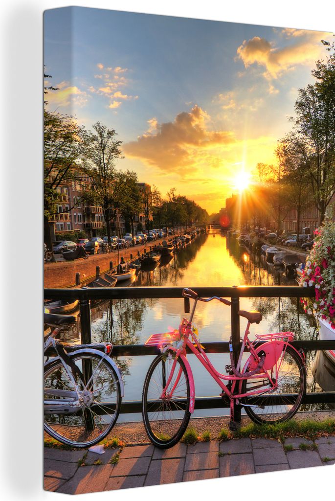 MuchoWow - Leinwandbilder - Amsterdam - Blumen - Brücke - Fahrrad - Sonnenuntergang, Wandbild, Wanddeko Bilder Wohnzimmer, 60x80 cm