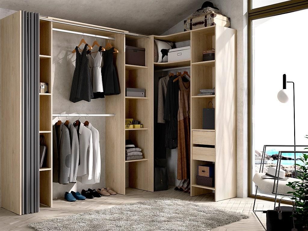 Klappbarer Eckkleiderschrank DORIAN - Länge 164/234 cm - Farbe Eiche und Grau