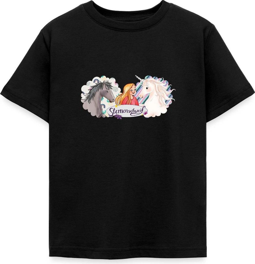 Spreadshirt Sternenschweif Laura Mit Pferd Und Einhorn Kinder T-Shirt, 110/116 (5-6 Jahre), Schwarz