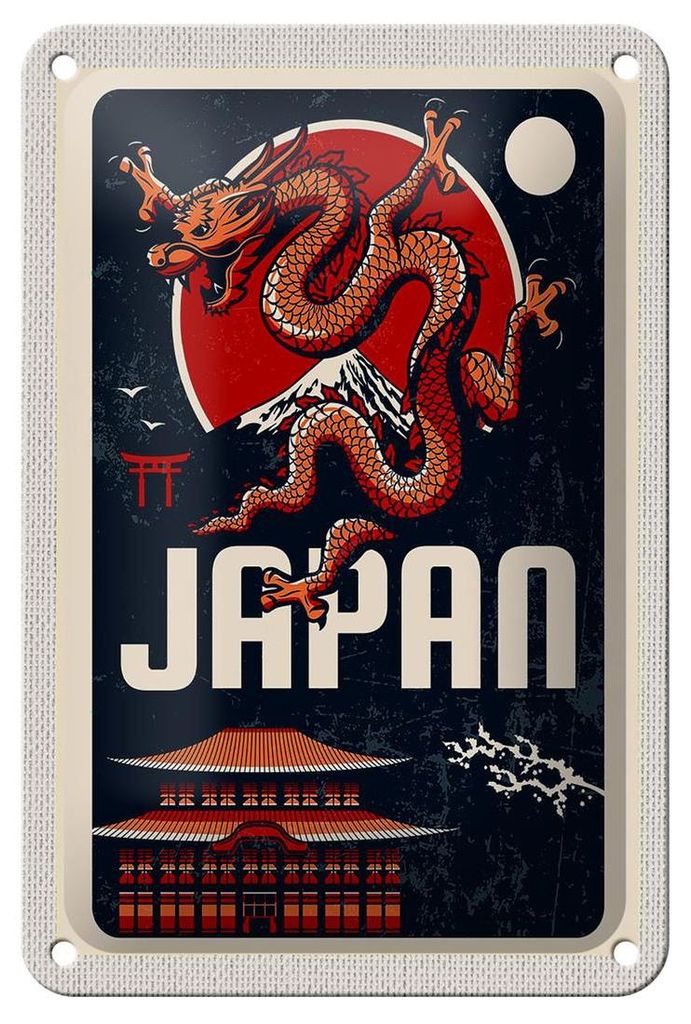 Blechschild Reise 12x18cm Japan Asien Architektur Drachen Trip Schild