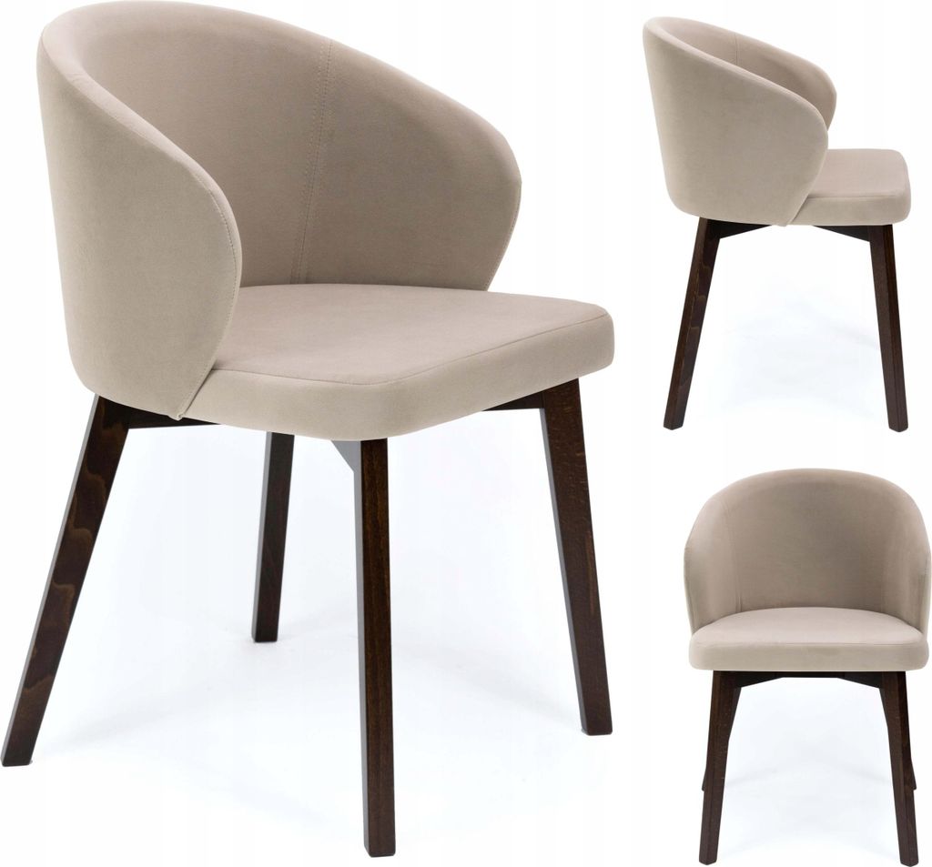 A collage of three images showing a beige upholstered dining chair with dark brown wooden legs from different angles.