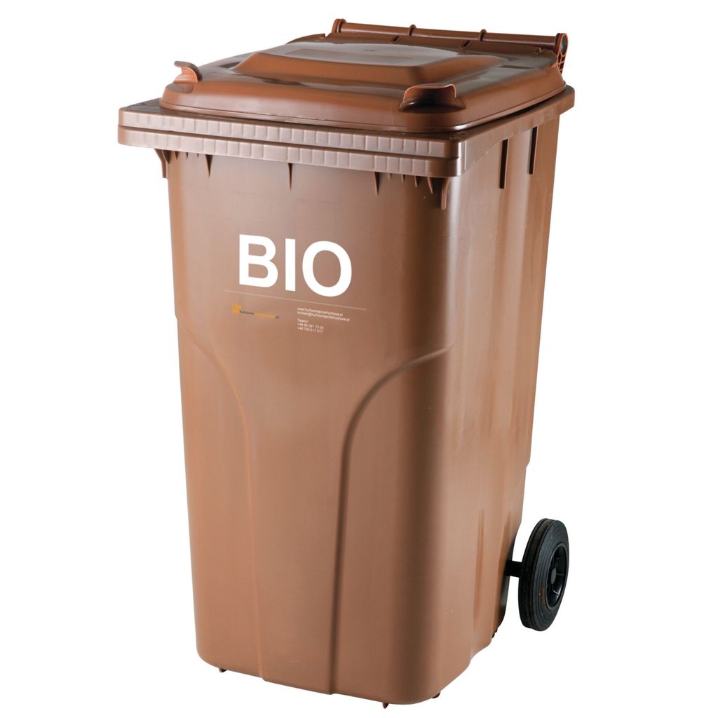 A brown waste bin with the word BIO printed on it.