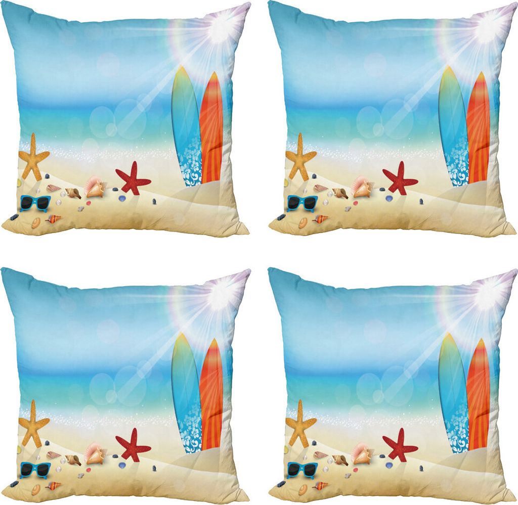 ABAKUHAUS Muscheln Kissenbezug Set (4 Stück), Sand-Strand-Surfbrett, Moderner Doppelseitiger Digitaldruck, 60 cm x 60 cm, Mehrfarbig