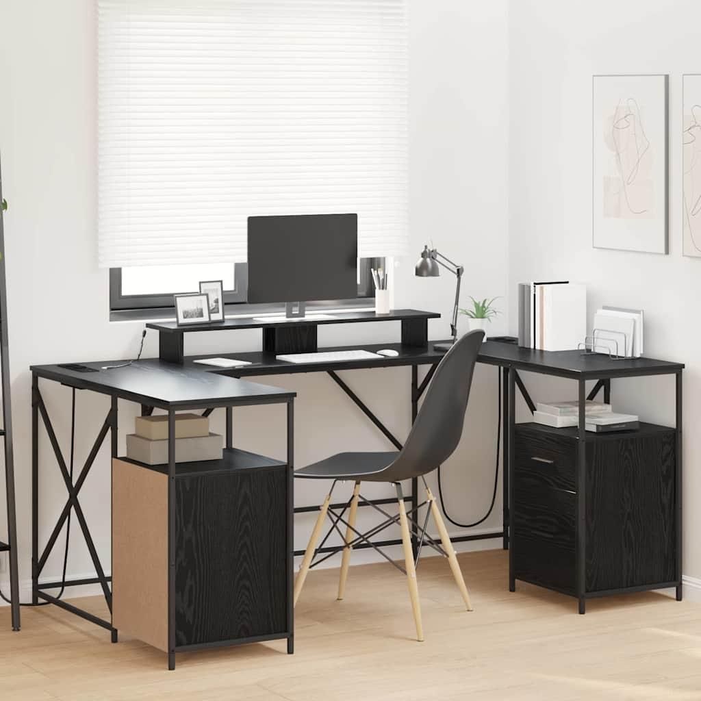 "SALE 2026"Schreibtisch - elegantes Design - Computertisch/Bürotisch - mit Regal Schwarz Eichen-Optik 182x101x87,5cm NEU509360 - Schreibtische