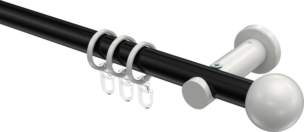 Interdeco Gardinenstange / Vorhangstange Schwarz / Weiß, Typ Platon Luino (Kugel), 20 mm Ø 1-läufig, 420 cm