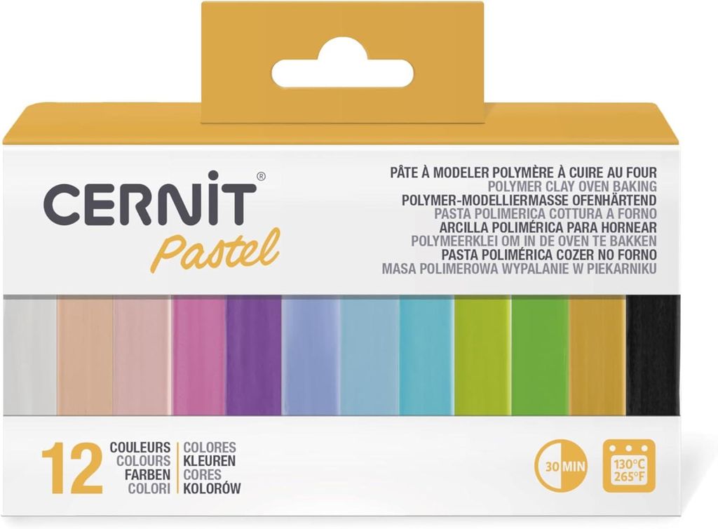CERNIT CEASS002C - Set mit 12 Farben Ofenhärtende Polymer-Modelliermasse Essentials à 25g, für Bastelaktivität, Pastel, 1 Set