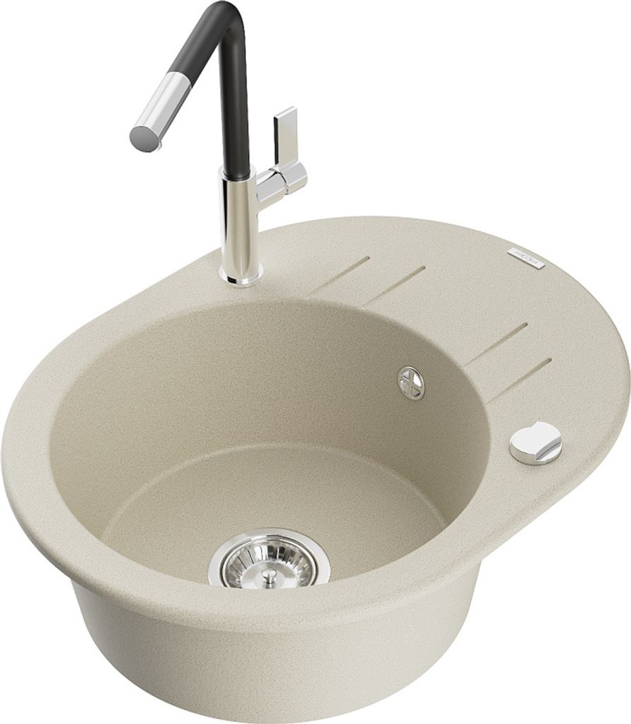 Mexen Kevin 1 Becken-Granitspüle mit Abtropffläche und Mischbatterie Flora, Beige - 6517-69-670401-07