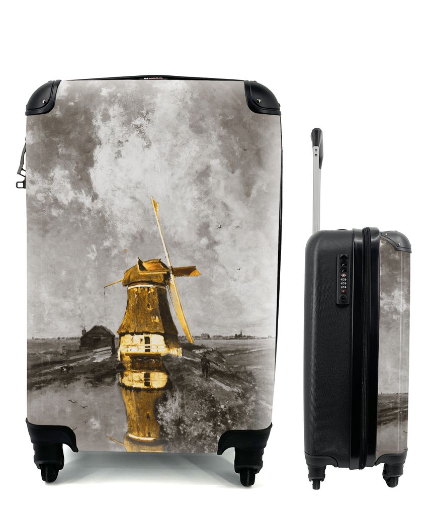 MuchoWow Koffer Handgepäck Trolley Rollkoffer Kleine Reisekoffer mit 4 Rollen - Mühle an einem Polderkanal - Gabriel - Gold - Cabin Size < 55x4...