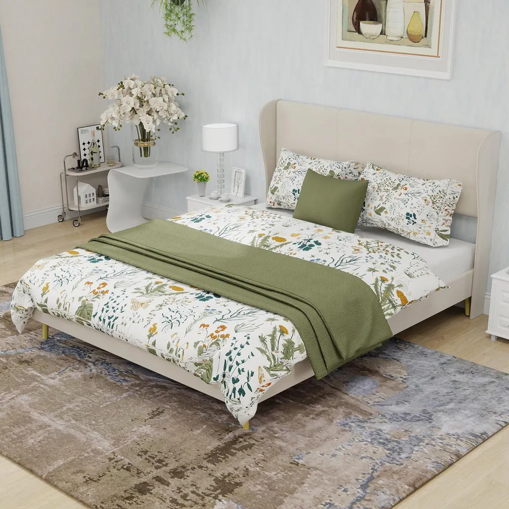 Lit 140x200 robuste anti-grincement beige avec tête de lit capitonnée