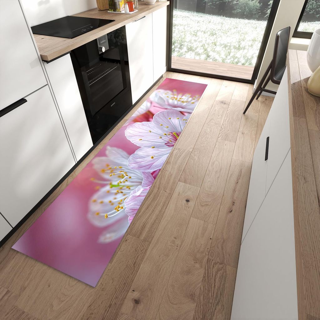 Küchenteppich 60x270cm rutschfest & abwischbar PVC Läufer - Sanfte Kirschblüten