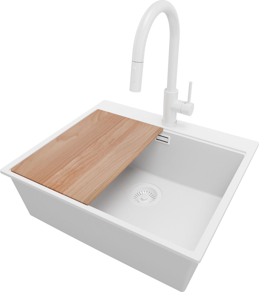 PRIMAGRAN Granitspüle Alles Weiß 58x50cm, Spülbecken 1 Becken + Küchenarmatur 40x20cm + Ablauf-Set + Schneidebrett, Küchenspüle ab 60er Unter...