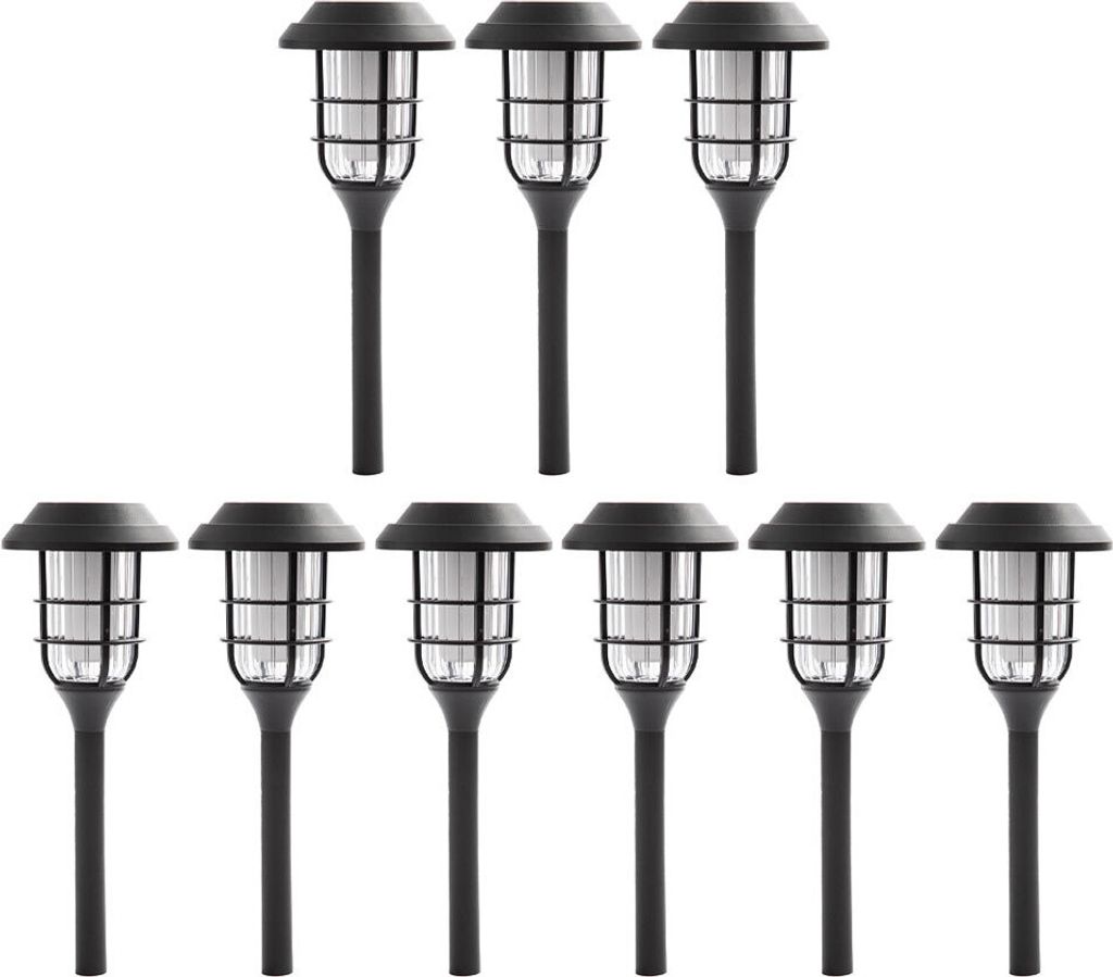 A set of solar-powered garden lights arranged in two rows against a white background.