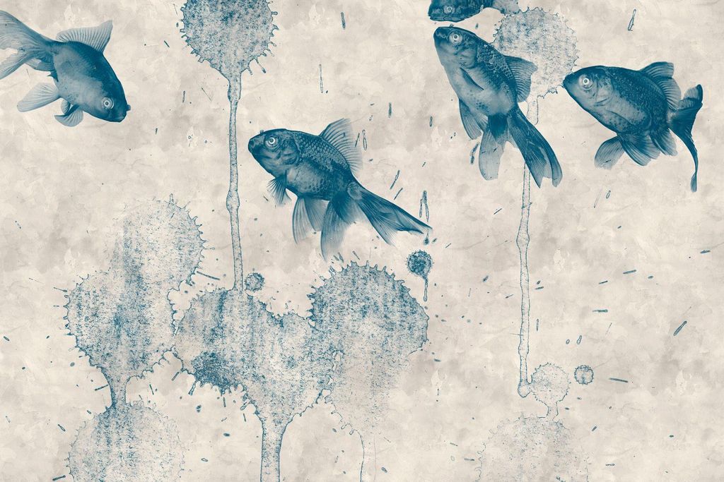 TADESSI Leinwandbild Fische Gemälde - Wandbild 75 x 50 cm - Kunstdruck auf Leinwand in Creme Blau - M1-No.50923