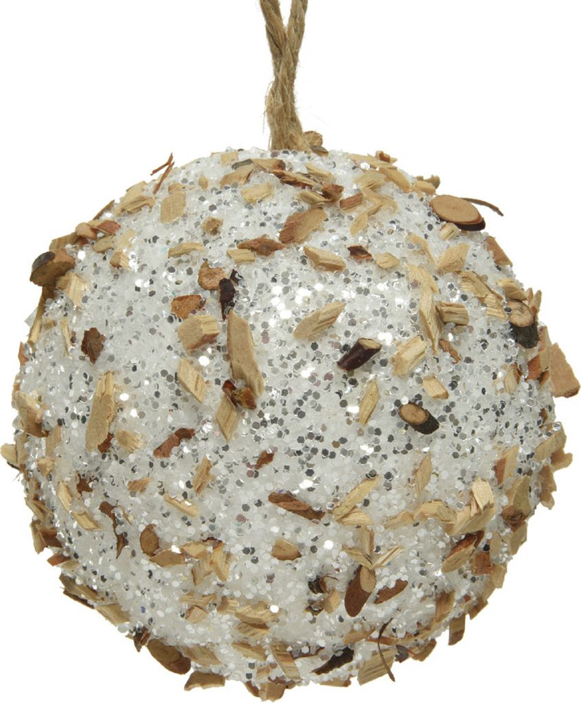 Weihnachtskugeln Kunststoff 8cm Glitzer und Holz 12er Set - Weiß