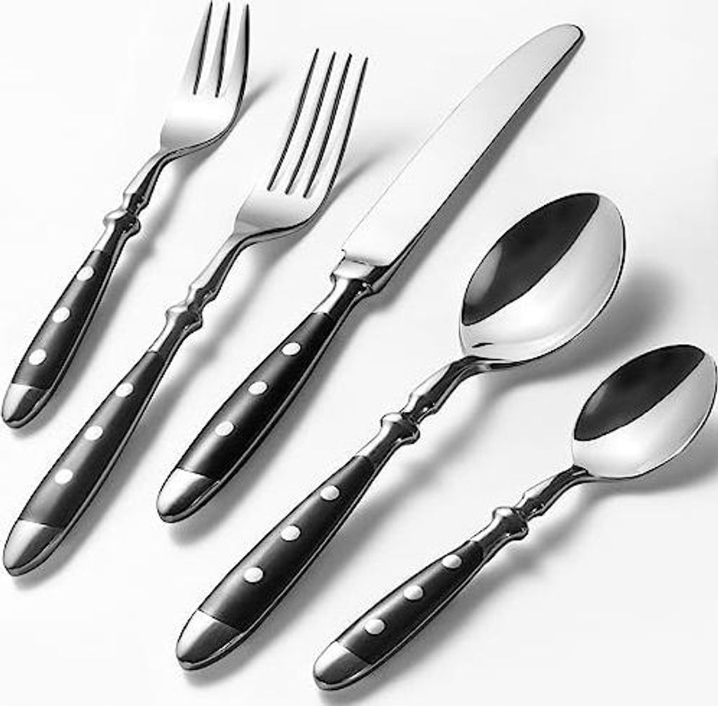 Besteck Set für 6 Personen - Rustikales Tafelbesteck Set aus Edelstahl mit schwarzen Griffen - Geschmiedet und schwer - Serie Berlin