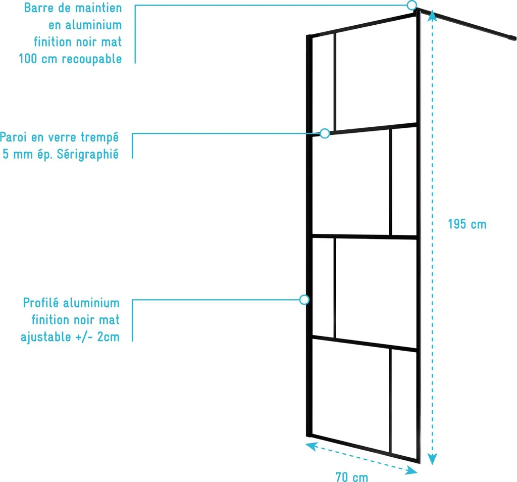 Paroi de Douche Verre Sérigraphié Brique 70 cm avec Profil Noir Mat