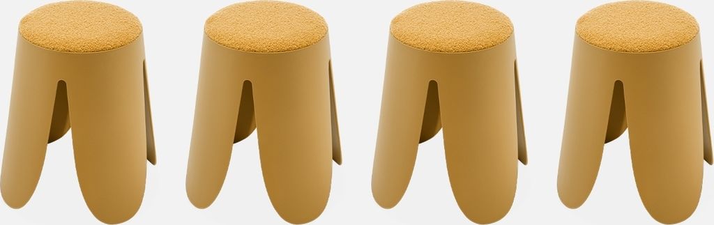 Four mustard yellow stools with textured tops arranged in a row.