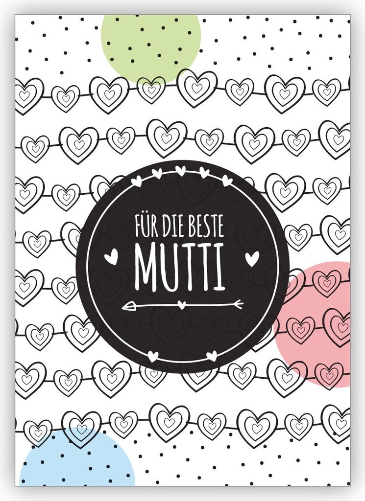 4x Fröhliche Glückwunschkarte zum Muttertag, Muttertaggskarte mit vielen Herzen: Für die beste Mutti