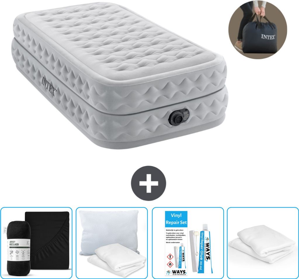 Intex Luftbett - 1 Person - 99 x 191 x 51 cm - Grau - Inklusive Pumpe - Spannbettuch - Küssen - Reperaturset en Kissenschutz