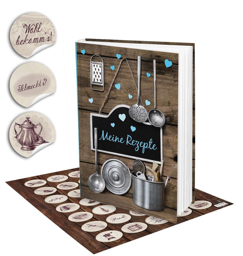 Kleines Kochbuch zum Selberschreiben Meine Rezepte braun türkis DIN A5 Hardcovermit schwarzen Stickern