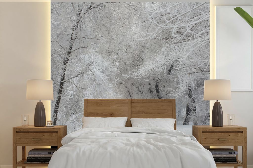 MuchoWow Fototapete für Wohnzimmer oder Schlafzimmer Wandtapete Vinyl Motivtapete Bäume - Schnee - Winter - 350x350 cm - Schlafzimmertapete