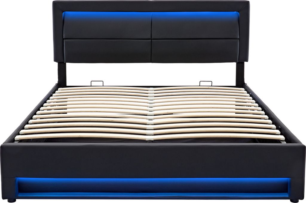 Flieks Polsterbett 140x200cm mit USB, Hydraulisches Boxspringbett mit LED, Jugendbett Stauraumbett mit Lattenrost, Doppelbett Holzbett, PU, Schwarz