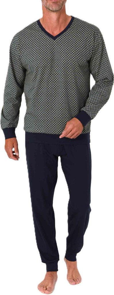 Normann Herren Schlafanzug langarm Pyjama mit Bündchen in eleganter Optik mit V-Hals ; grün , 54