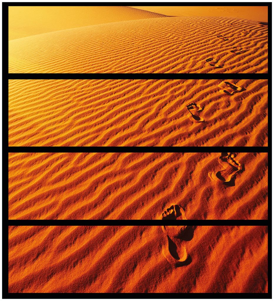 Wallario Möbelfolie / Aufkleber, geeignet für Ikea Malm Kommode mit 4 Schubfächern - Fußspuren im Sand - Sanddüne in der Wüste