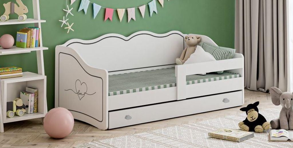 Kinderbett ROYAL 160x80 cm mit Schublade Matratze Lattenrost und Rausfallschutz Love